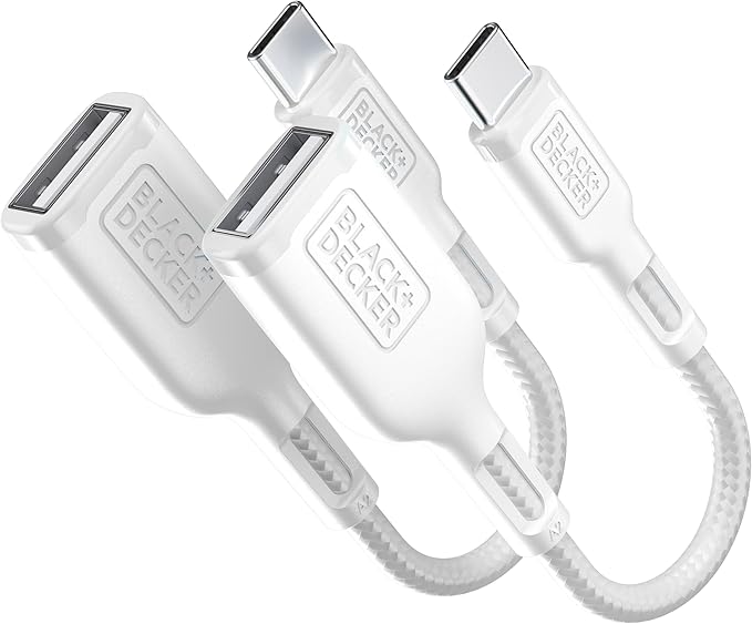 BLACK+DECKER USB C to USB A Adapter, USB C Male to USB Female Adapter Nylon Braid, Type C OTG Cable Compatible w/iPhone 16 15 Pro, MacBook Pro 2022/Air/Mini, iPad—2 Pack, 3" (White)