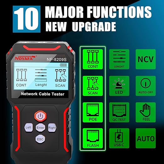 NOYAFA NF-8209S Network Cable Tester for CAT5, CAT6, LAN/Ethernet with PoE and NCV, LCD Anti-Interference scan Mode Wire Tracer Lithium Battery Charge