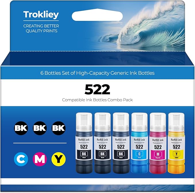 522 Ink Refill Bottles ET-2800 ET-4800 ET-2400 ET-2803 Ink Refill for 522 Black Ink Bottles Compatible for ET-2720 ET-4700 ET-4810 ET-2840 Printer - 6 Pack