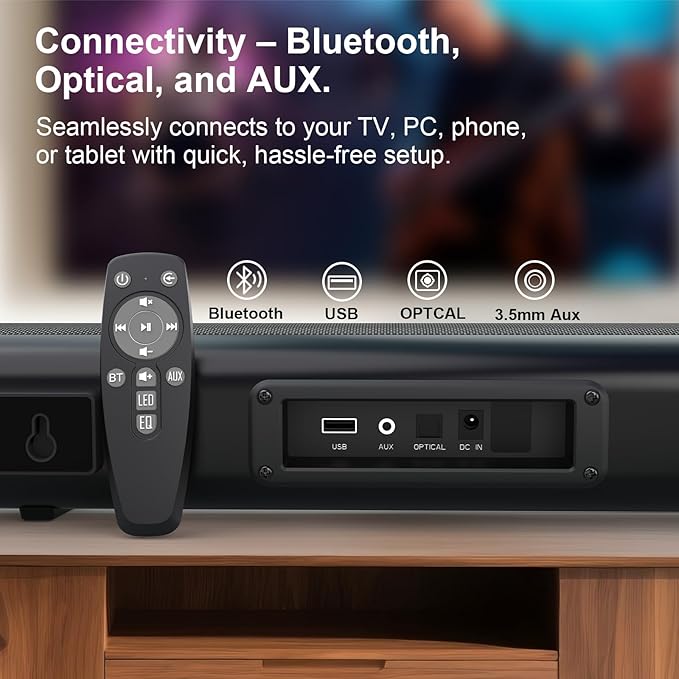 Sound Bar for Smart TV , Surround Sound System for TV – 50W Bluetooth Soundbar with Bluetooth, ARC, Optical, and AUX Connectivity, Remote Control, Wall-Mountable, Compatible with TV, PC, and Phone