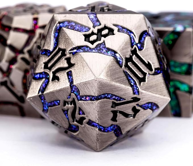 Metal Dice Set D&D,Crack Metallic DND Dice Set with Box, Metal Glitter RPG Dice for Dungeons and Dragons Table Game(Antique Nickel 7 Colors)