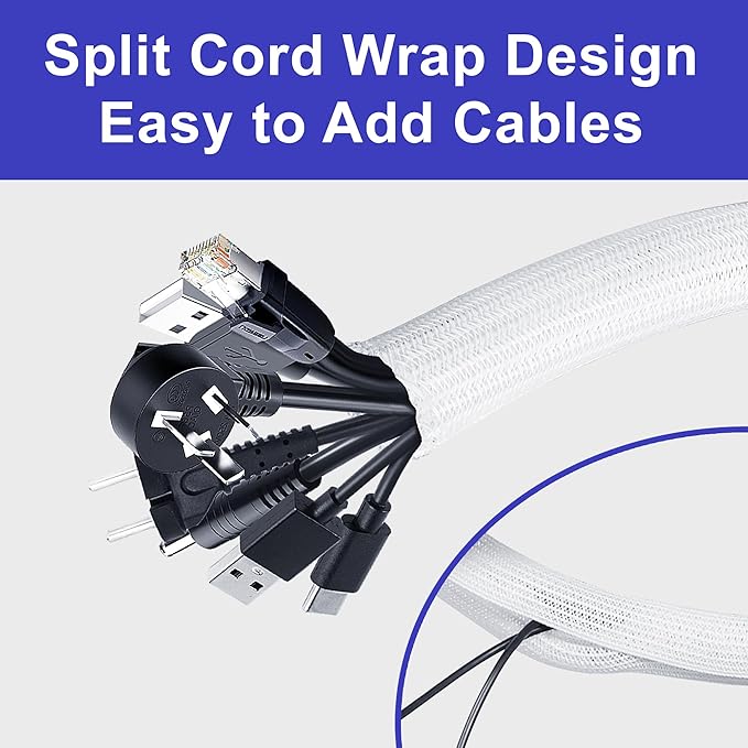 Cable Management Sleeves 1.2in - 2 Pack 4.1ft Split Braided Sleeve White, Hard PE Protectors From Pets, Wire Organizers, Flexible Wrap for Computer Cord Management