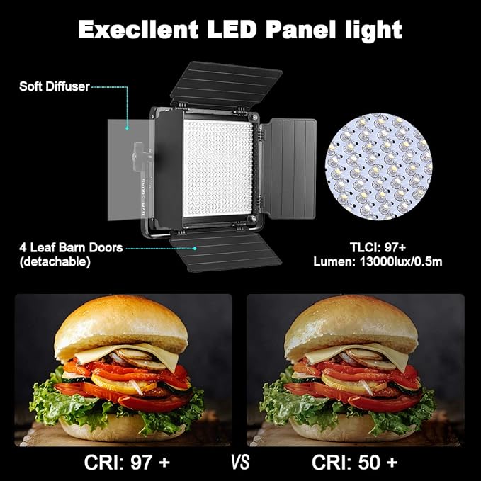 GVM Led Bi-Color Video Lights with APP Function, Variable CCT 2300K-6800K and 10%-100% Brightness with Digital Display for Video Studio Shooting, CRI97+ TLCI97 Led Light Panel +Barndoor