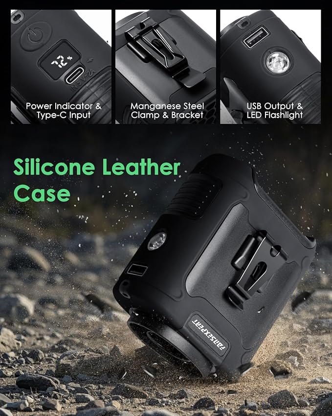 Portable Waist Fan Clip on, Personal Wearable Belt Fan 10000mAh Rechargeable Battery Under Shirt,5 Speeds with light, Neck Fan Hands-Free Cooling For Outdoor Camping Travel (Black)
