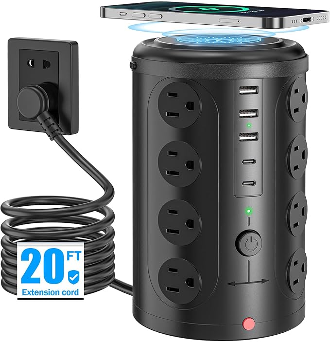 Tower Power Strip with 15W Wireless Charger, 20FT Extension Cord with Multiple Outlets, 16 AC Outlets & 5 USB (2 USB C) Charging Station Surge Protector for Office Home Dorm Room (Black)