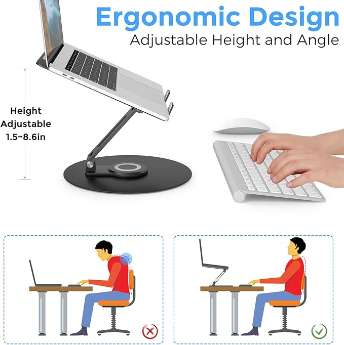 Swivel Laptop Stand for Desk, Adjustable Height Aluminum Computer Stand with 360 Rotating Base, Foldable Ergonomic Riser, Portable Laptop Holder Compatible with MacBook, All Laptops 10-17'', Black