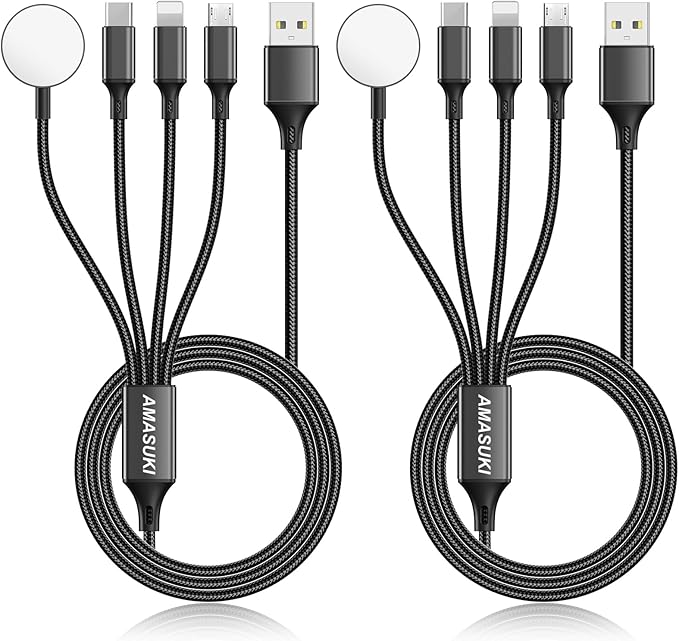 2Pack Travel Essentials Multi Charging Cable for Watch Charger 4 in 1 Fast Charger Camping Essentials USB C/L/Micro Compatible with Watch Series 10-1/SE/Ultra Phone 16 15/Galaxy Android-4FT/Black