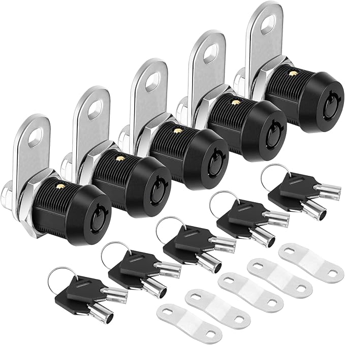 PTEROMY 5 Pack Cabinet Lock with Keys, 5/8'' Heavy Duty Tubular Cam Lock for RV Compartment Storage Locks, Full Set of RV Cam Locks (Black, 5/8'', 5 Pack)