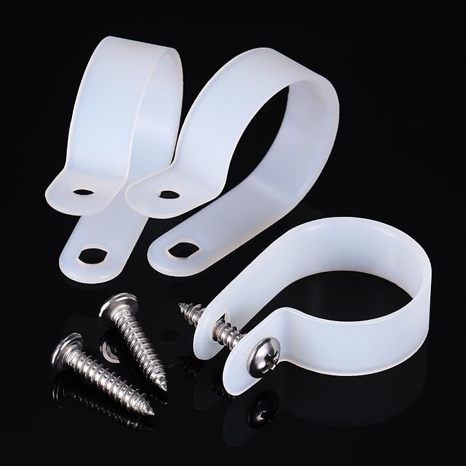 Hicarer 50 Pack R-Type Cable Clip Wire Clamp, Nylon Screw Mounting Cord Fastener Clips with 50 Pack Screws for Wire Management (White, 1 Inch)