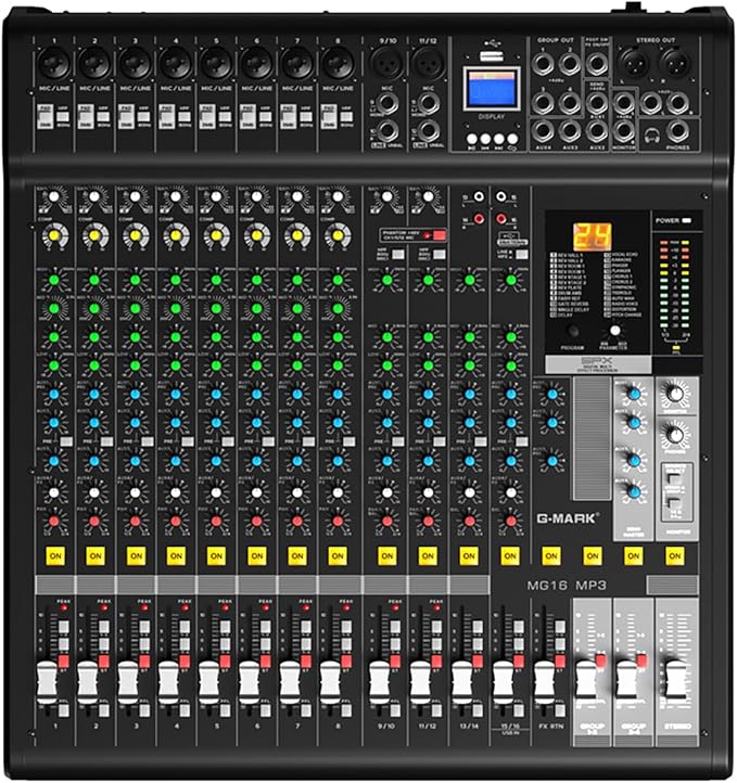 Audio Mixer Bluetooth G-MARK Professional Mixer Usb Interface Sound Board Console System 16 Channel Digital MP3 Computer Input 48V Phantom Power Stereo DJ 24-Bit SPX Effects Mixing Console