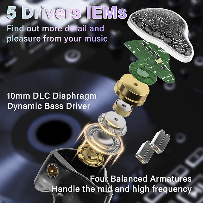 BASN Bmaster5 in Ear Monitors, 1DLC Diaphragm+4BA 5 Drivers Drummers Headphones with Silver-Plated OFC Cable, Noise Isolation IEM Earbuds for Musicians (Midnight Black)