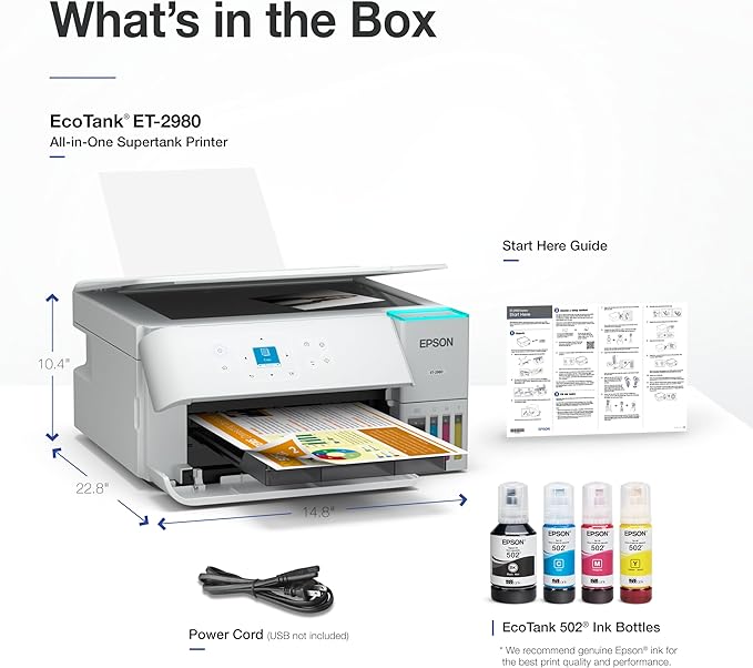 Epson EcoTank ET-2980 Wireless All-in-One Color Supertank Printer with up to 3 Years of Ink, Refillable Tanks, Perfect for Home, 15 PPM, 1.44" Color Screen, Auto 2-Sided Printing - White