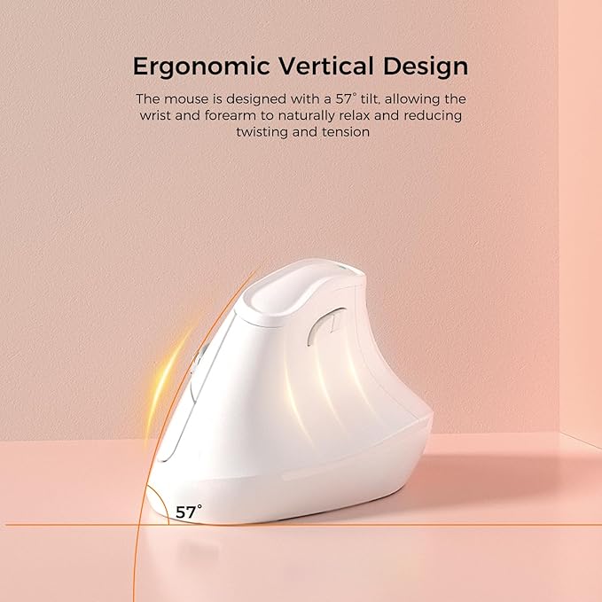 57° Ergonomic Wireless Tower Mouse, Vertical Quiet Ergo Mouse, Bluetooth(BT5.0,BT3.0)&2.4G, (800/1200/2400/2400/4000), 5 Buttons for Windows, macOS, iPadOS, Laptop, PC,White