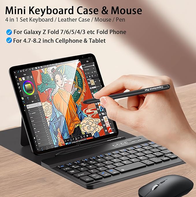 for Samsung Galaxy Z Fold 7 6 5 Keyboard and Mouse, Portable Mini 7.9 inch Bluetooth Keyboard with Leather Case and Capacitive Pen, 4 in 1 Set for Z Fold7 6 Accessories