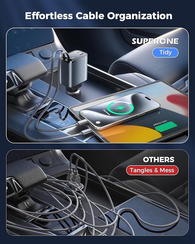 [2024 Upgraded] 4 in 1 Retractable Car Charger, SUPERONE Smaller Fast Car Phone Charger 69W with Cord, USB C and iPhone Car Charger Adapter, Compatible iPhone 15/15 Pro Max/14/13/12/11, Sumsung