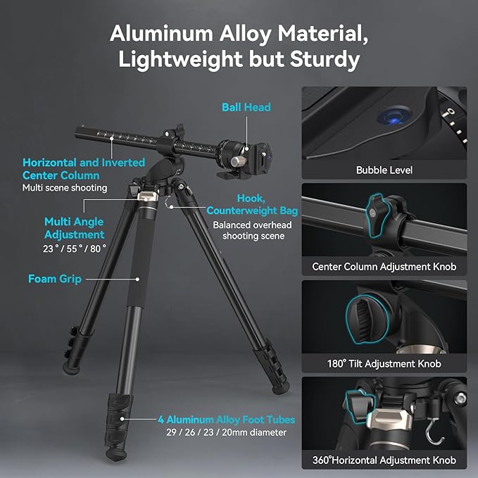 SmallRig CT200 72.8"/200cm Horizontal Overhead Tripod for Camera with Smartphone Holder & Carrying Bag, 33lb Max Load Aluminum Horizontal Camera Tripod for Overhead Shots