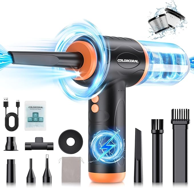 COLORCORAL 12-in-1 Cordless Compressed Air Duster with 2-Speeds 120,000RPM, LED Light, Computer Vacuum Air Duster 2-in-1, Perfect for Deep Cleaning Keyboards, PCs, Cars, and Electronics