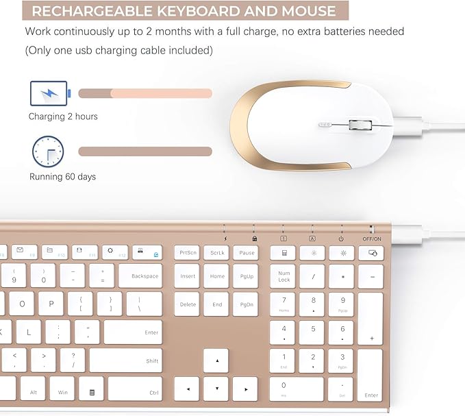 Wireless Keyboard and Mouse, Vssoplor Rechargeable Quiet Full-Size Keyboard and Mouse Combo Set Ultra Slim Design for Laptop, PC, Notebook, Desktop-White and Gold