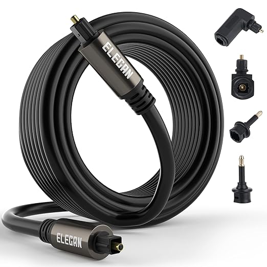 Elecan Optical Audio Cable 30 Ft Digital Audio Toslink Cable Cord-Fiber Optic-Gold Plated-Flexiable&Durable-for Home Theater,Sound Bar,PS4&Xbox-with 4 Right Angled and Mini Toslink Adapters+Ties