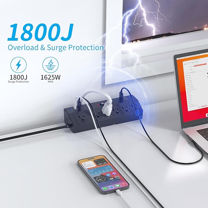 Desk Clamp Power Strip with 40W Fast Charging Station, JXGUCAT Removable Desk Clamp Mount Power Strip Surge Protector, 2 USB-C Ports, 6 AC Outlets and 10ft Cord, Fits 1.8" Tabletop Edge