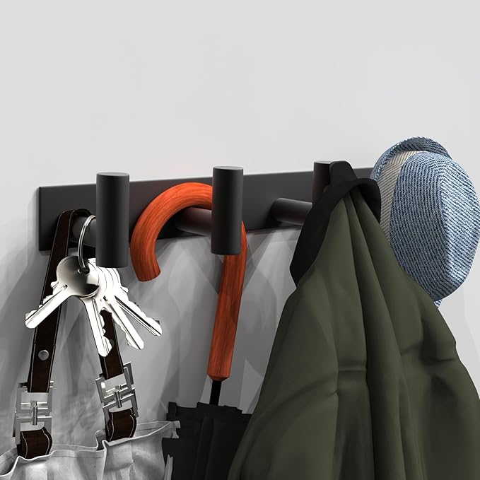 VAEHOLD Hat and Coat Wall Mount Rack - 4 Hooks for Robes, Bags, Keys, and Towels - Bathroom Towel Hanger Organizer -Black