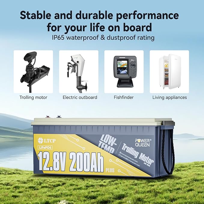 Power Queen 12V200Ah PLUS LiFePO4 Battery, Low Temperature Protection, Built-in 200A BMS, Max.2560W Load Power, Deep Cycle Battery for Trolling Motor, Marine, RV Camping, Off-grid Application