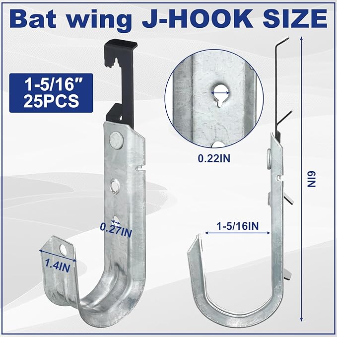 Zonon 25 Pcs J Hooks for Hanging Metal J Hook Hangers Cable Support with Bat Wing Heavy Duty G60 Galvanized Steel Cable Hooks for Attaching Ceiling Wire Threaded Rod, Ul Certification(1-5/16 Inch)
