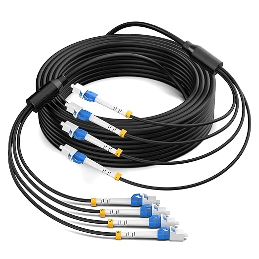 15M/49FT Outdoor Armored LC to LC Fiber Optic Cable, 4 Core OS2 Single Mode 9/125μm, Industrial TPU Jacket, OD 5mm, 4 Strands, SMF, Direct Burial, Heavy-Duty LC-LC Patch Cord for Harsh Environments