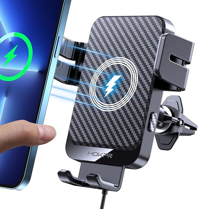 Wireless Car Charger, MOKPR 15W Fast Charging Auto-Clamping Car Charger Phone Mount Air Vent Cell Phone Holder Compatible iPhone 16/15/14/13/13 Pro/12 pro/12/11, Samsung Galaxy S23/S22/S21/S20, etc