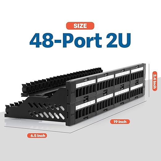 Everest 48 Port Keystone Patch Panel (1-Pack) - Removable 6-Port Panels - Use with Slim Profile Keystones ONLY (Wider Jacks May not fit Side by Side) - 16 Blank Keystone Jack Inserts Included