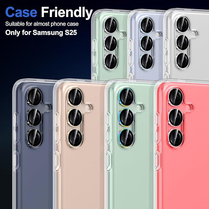 for Samsung Galaxy S25 Camera Lens Protector, Individual Metal Ring Tempered Glass Lens Cover, [Strong Adsorption] Scratch Resistant Ultra-Thin HD Clear Lens Cover, 1 Set-Black Ring