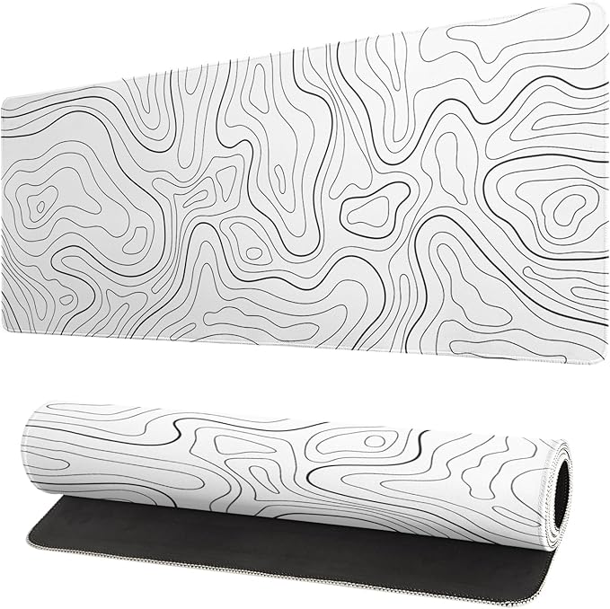 Topographic Contour White Gaming Mouse Pad XL Geographic Map Lines Extended Big Large Desk Mat Non-Slip Rubber Base Stitched Edge Long Keyboard Mousepad for PC Computer Laptop,31.5x11.8 Inch