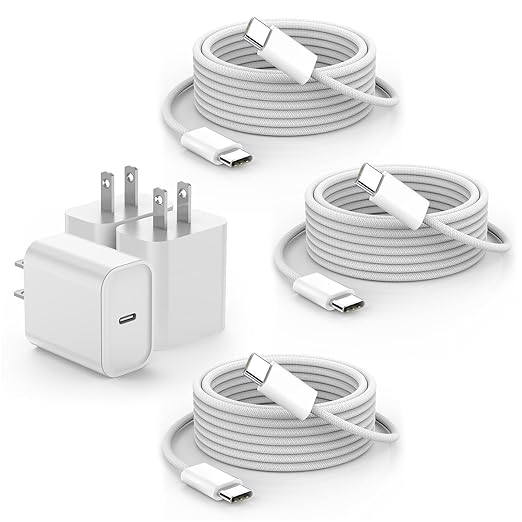 iPhone 16 15 Charger Fast Charging,3Pack 20W USB C Charger Type C Chargers Plug Wall Chargers 10FT USB-C Woven Charge Cable for iPhone 16e/16 Pro Max/16Pro/16 Plus/15 ProMax/iPad Pro/Air/Mini,AirPods