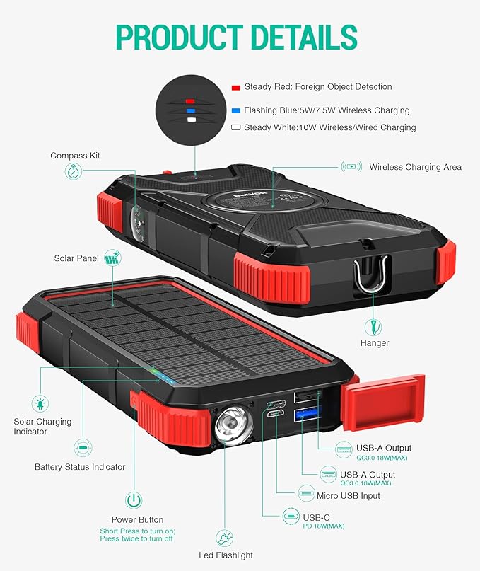 BLAVOR Solar Power Bank, PD18W QC3.0 Fast Charging 10W Wireless Charger 20000mAh Solar Powered Powerbank with Type C Input/Output, IPX5 Waterproof, Camping Flashlight, Compass, Carabiner