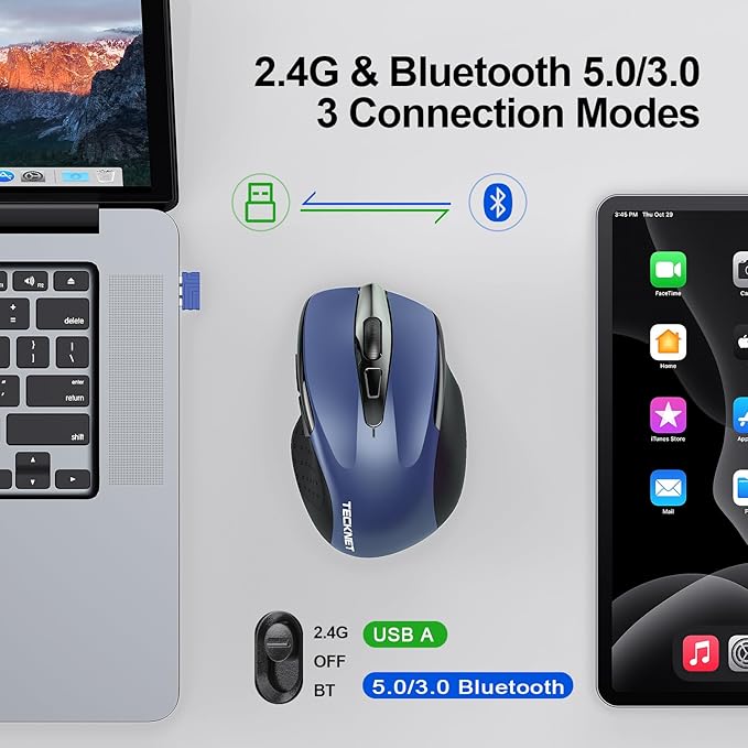 TECKNET Wireless Mouse (BT5.0/3.0 & 2.4G) Rechargeable 4800 DPI Silent USB A & Bluetooth Mouse 6 Buttons, Wide Compatibility - Blue
