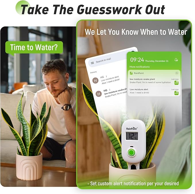 RAINPOINT Smart Digital Wireless Plant Moisture Meter Houseplants Indoor WiFi Hub Kit with Low/High Moisture Alert,Real-time Monitor Hygrometer Sensor Outdoor Gardening Push Notification&Email