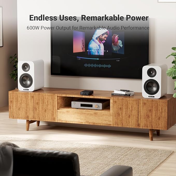 Fosi Audio TB10D 2 Channel Stereo Amplifier, Class D Mini Power Integrated Amplifiers 600W for Passive Speakers/Bass Shaker, Home Audio Component Desktop Amp Receiver TPA3255 with Bass Treble Control