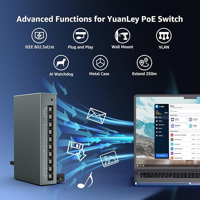 YuanLey 8 Port Gigabit PoE Switch with 2 Gigabit Uplink, 8 Port PoE+ 1000Mbps, 85W 802.3af/at, Extend Function, Metal, Fanless, AI WatchDog, Unmanaged Plug and Play Smart Detection Ethernet Switch