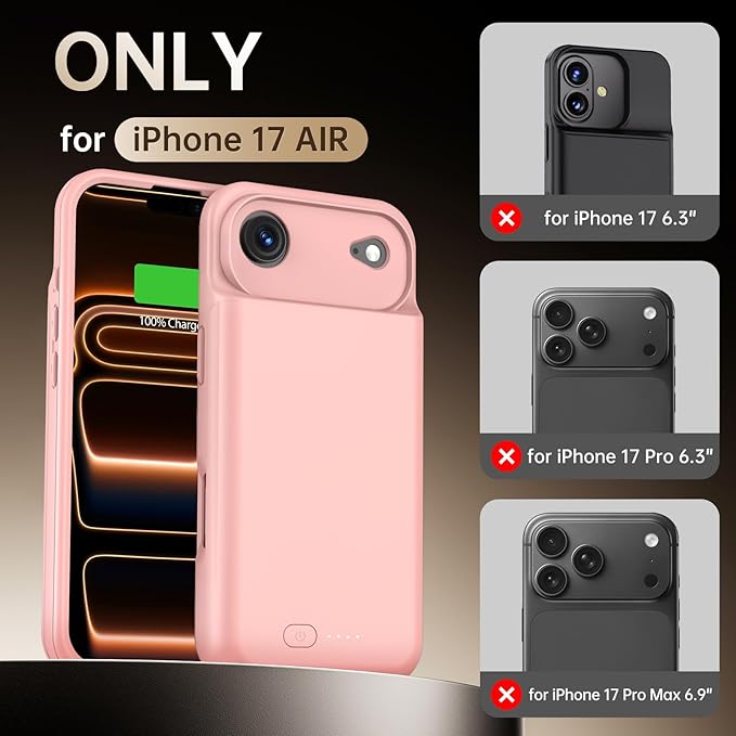 GIN FOXI Battery Case for iPhone 17 AIR, Charging Case Charger 8500mAh Ultra-Slim Lightweight Powerful Battery Pack 15W Fast Rechargeable Anti-Fall TPU Juice Box for iPhone 17 AIR (6.5") Pink