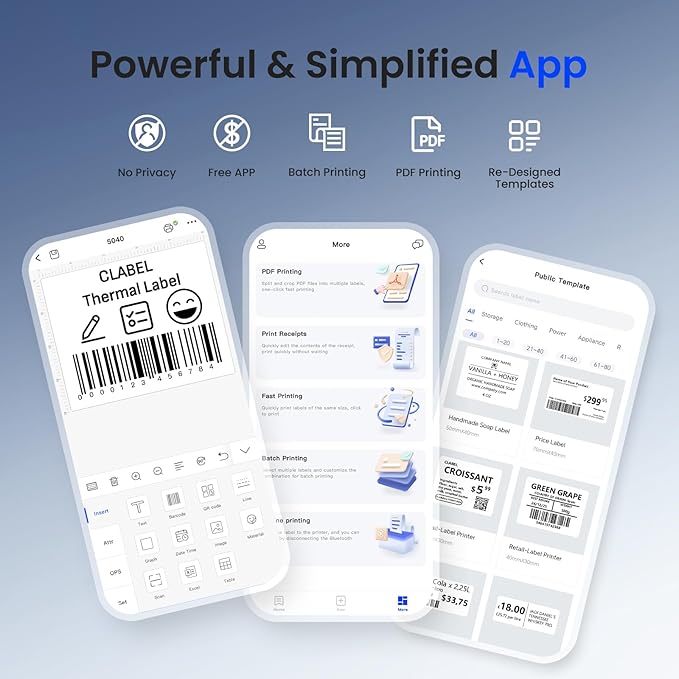 CLABEL Thermal Label Maker Machine: 221B Bluetooth Label Maker Machine with Tape Mini Sticker Printer Barcode Printer Compatible with Smartphone with 3 Roll 40x30mm,50x30mm,50x80mm Label (Black)