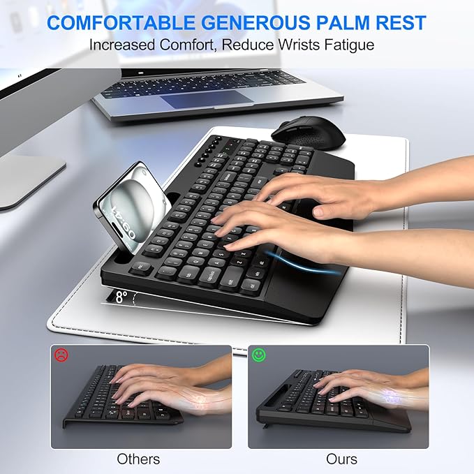 EDJO Wireless Keyboard and Mouse Combo, Full-Size Ergonomic Wireless Computer Keyboard with Wrist Rest, Phone Holder, Sleep Mode, Comfortable Natural Typing Set for Windows, Laptop, Mac, PC