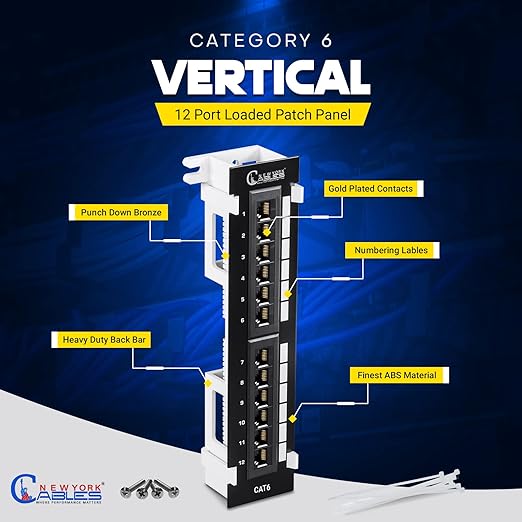 NewYork Cables 12 Port Vertical Cat6 Patch Panel – 10Gb Ethernet, 1U Wall Mount, T568A/B Color-Coded, Unshielded Keystone, 110/Krone Compatible, with Back Bar, Cable Ties & Screws