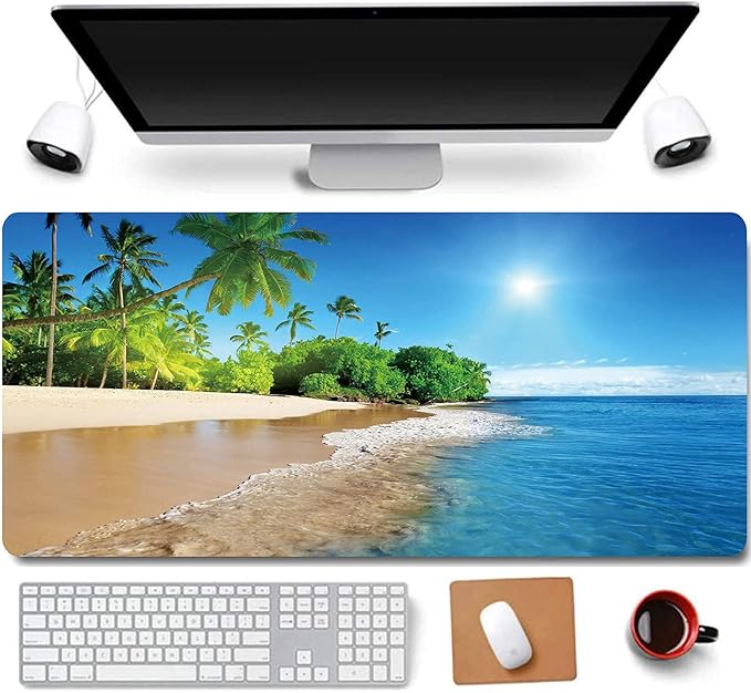 RTGGSEL 31.5x11.8 Inch Non-Slip Long Extended Large Gaming Mouse Pad with Stitched Edges XL Laptops Keyboard Mouse Mat(Beach View)