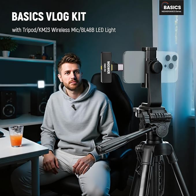 NEEWER Basics PA056 Vlogging Kit for iPhone Android Phone for YouTube TikTok Streaming Filmmaking Video Recording, Tripod + Microphone + LED Fill Light, Youtuber Starter Content Creator Essentials