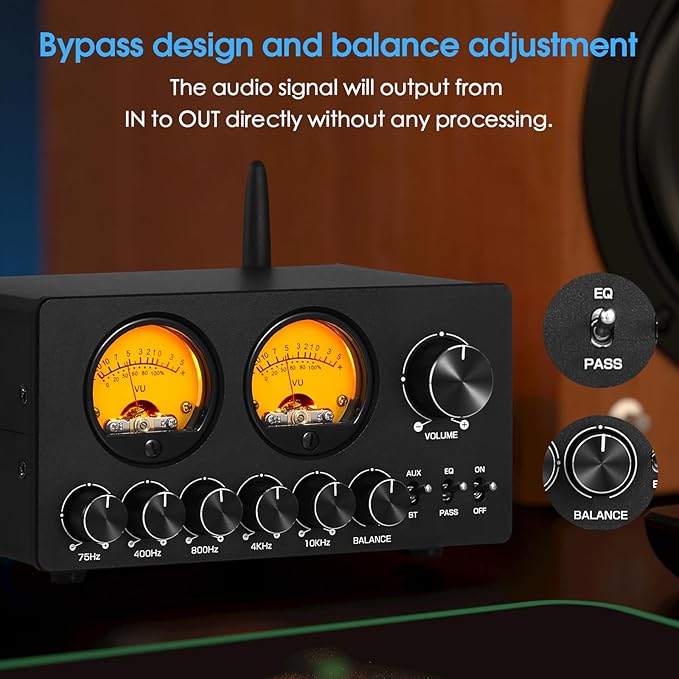 Douk Audio 5 Band Equalizer Bluetooth EQ Preamp for Home Stereo/Computer Speaker/Amplifier with VU Meter (EQ5 Tone Upgraded Version)