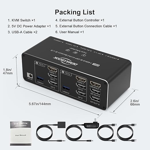 DEMEXBOOK HDMI DisplayPort KVM Switch 3 Monitors 2 Computers 8K@60Hz, 4K@144Hz,Triple Monitor KVM Switches with 4 USB 3.0 Ports, Wired Remote, USB3.0 Cables，Power Adapter Included