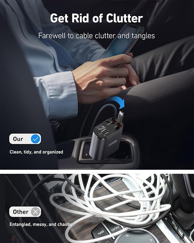 Retractable 4 in 1 Fast Car Charger - 30W Dual USB Type C, 31.5 Inch Cables - Compatible with iPhone 16/15/14/13/12, Samsung, Pixel, iPad