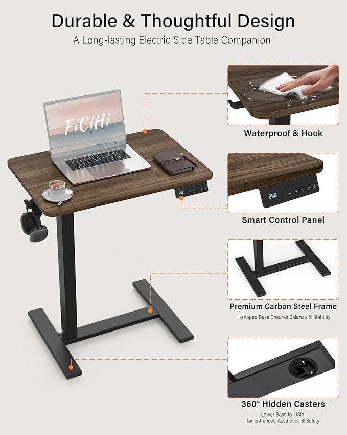 Mobile Standing Desk with Wheels - Electric Height Adjustable Small Movable Laptop Desk, Portable Rolling Computer Workstation Sit Stand Table for Home Office, Sofa & Bedside Use(23.6", Walnut)