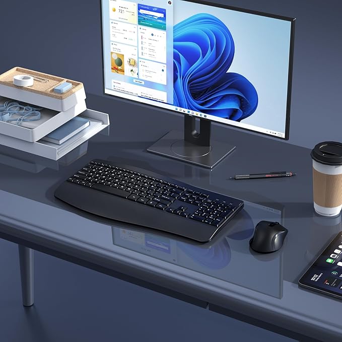 Ergonomic Keyboard and Mouse Combo - Full Size Keyboard Cordless with Palm Wrist Rest Ergonomic Mouse Wireless for Windows Computers Laptops - Black (Upgrade)