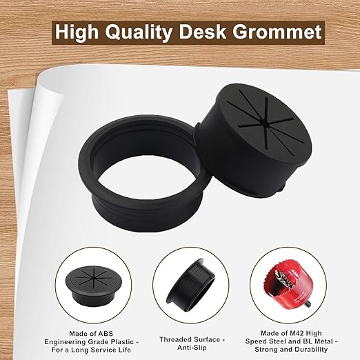 2 Pack Desk Grommet 2 Inch (50 mm), Desk Hole Cover for Cables, Black Desk Cord Hole Cover for Office Home Table, Cable Grommet with 1 Hole Saw Drill Attachment & 6 Cable Ties